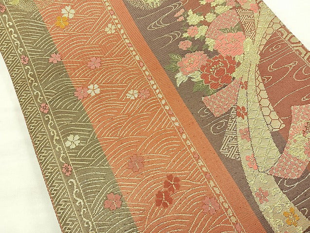 平和屋着物◎全通柄袋帯 唐織 束ね熨斗花文 金糸 正絹 逸品 BAAK8618cm