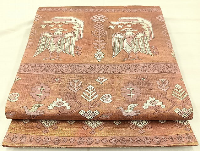 平和屋着物◎六通柄袋帯 唐織 更紗花鳥文 手織 引箔 正絹 逸品 BAAK8632cm