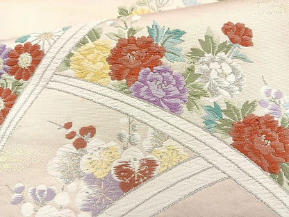 平和屋着物◎六通柄袋帯 唐織 芝草花文 金銀糸 正絹 逸品 BAAK8615cm
