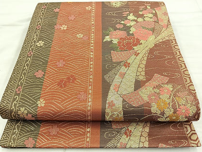 平和屋着物◎全通柄袋帯 唐織 束ね熨斗花文 金糸 正絹 逸品 BAAK8618cm