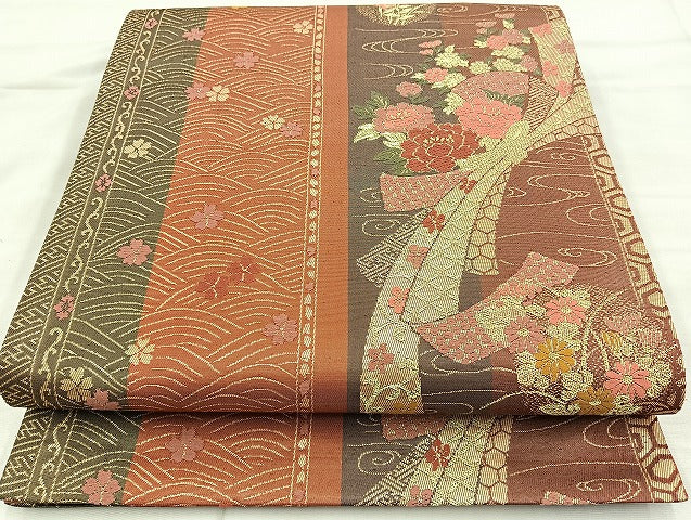 平和屋着物◎全通柄袋帯 唐織 束ね熨斗花文 金糸 正絹 逸品 BAAK8618cm