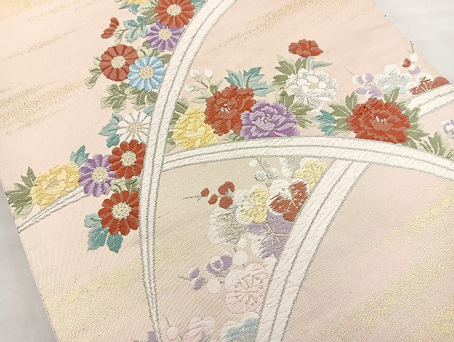 平和屋着物◎六通柄袋帯 唐織 芝草花文 金銀糸 正絹 逸品 BAAK8615cm