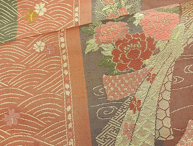平和屋着物◎全通柄袋帯 唐織 束ね熨斗花文 金糸 正絹 逸品 BAAK8618cm