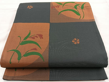 平和屋着物◎六通柄袋帯 雲母 市松花文 正絹 逸品 BAAK8633cm