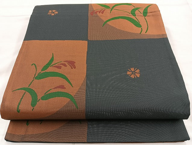 平和屋着物◎六通柄袋帯 雲母 市松花文 正絹 逸品 BAAK8633cm