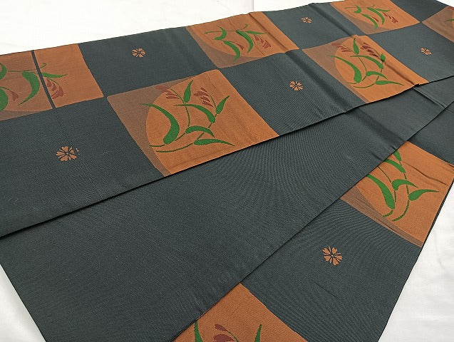 平和屋着物◎六通柄袋帯 雲母 市松花文 正絹 逸品 BAAK8633cm