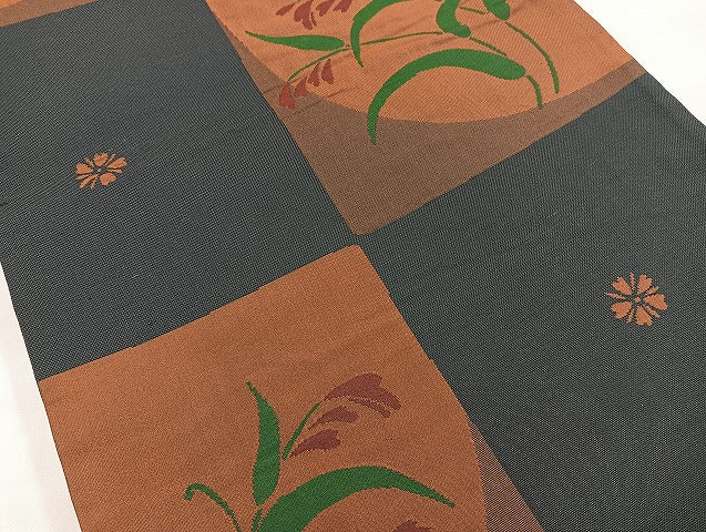 平和屋着物◎六通柄袋帯 雲母 市松花文 正絹 逸品 BAAK8633cm