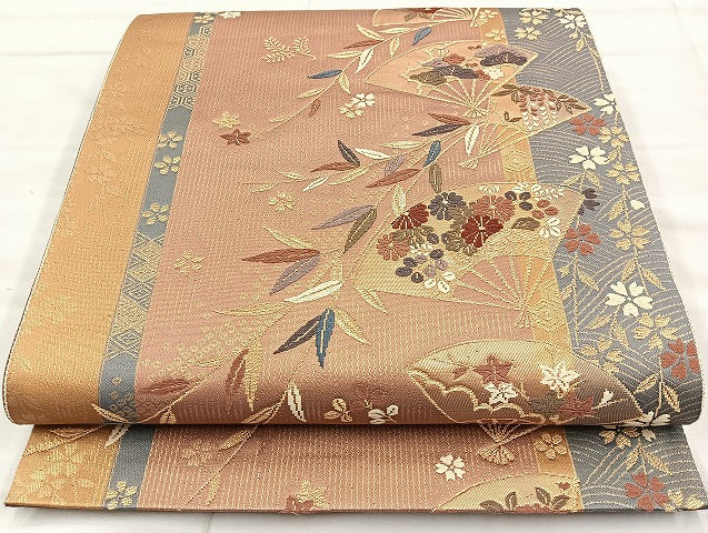 平和屋着物◎六通柄袋帯 唐織 扇面枝垂れ柳 金糸 正絹 逸品 BAAK8636cm