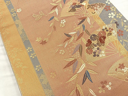 平和屋着物◎六通柄袋帯 唐織 扇面枝垂れ柳 金糸 正絹 逸品 BAAK8636cm