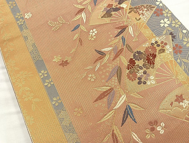 平和屋着物◎六通柄袋帯 唐織 扇面枝垂れ柳 金糸 正絹 逸品 BAAK8636cm