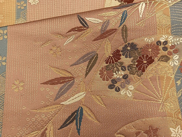 平和屋着物◎六通柄袋帯 唐織 扇面枝垂れ柳 金糸 正絹 逸品 BAAK8636cm