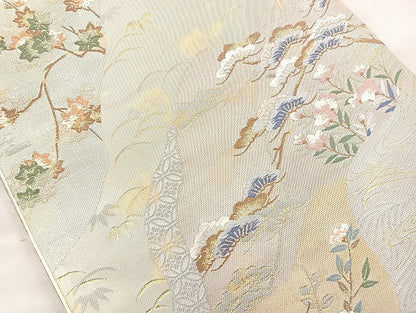 平和屋着物◎六通柄袋帯 唐織 道長草花文 金銀糸 正絹 逸品 BAAK8656cm