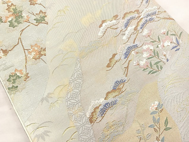 平和屋着物◎六通柄袋帯 唐織 道長草花文 金銀糸 正絹 逸品 BAAK8656cm