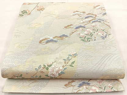 平和屋着物◎六通柄袋帯 唐織 道長草花文 金銀糸 正絹 逸品 BAAK8656cm