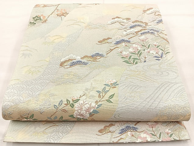 平和屋着物◎六通柄袋帯 唐織 道長草花文 金銀糸 正絹 逸品 BAAK8656cm