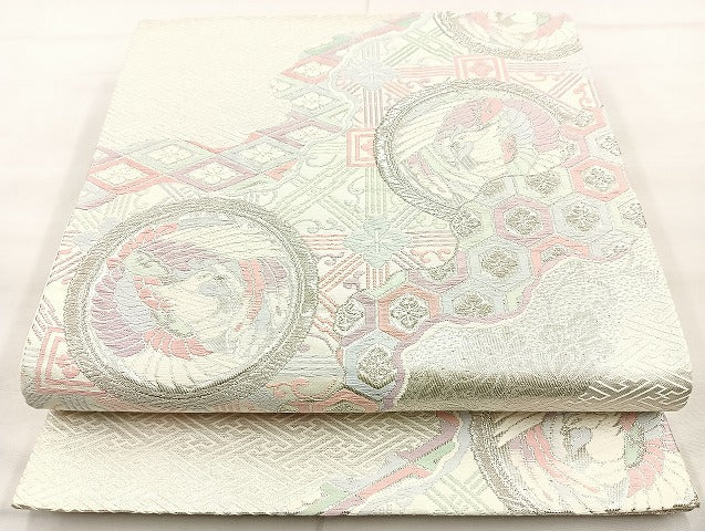 平和屋着物◎西陣 六通柄袋帯 唐織 鳳凰道長有職文 銀糸 正絹 逸品 BAAK8683cm