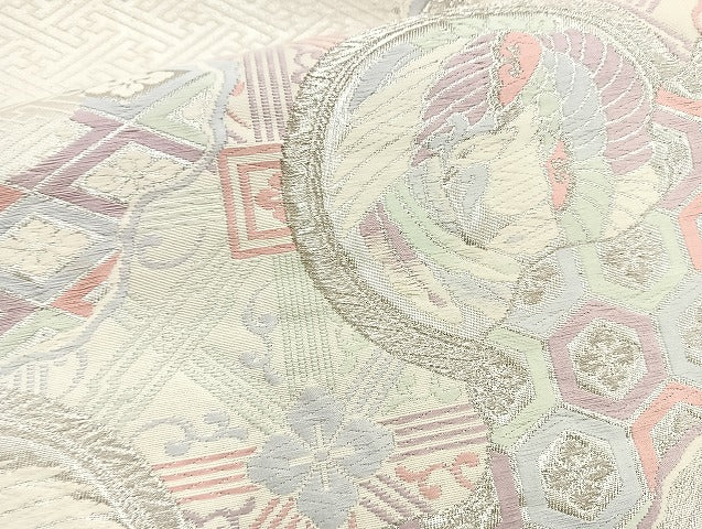 平和屋着物◎西陣 六通柄袋帯 唐織 鳳凰道長有職文 銀糸 正絹 逸品 BAAK8683cm