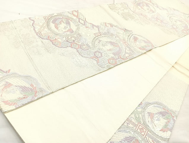 平和屋着物◎西陣 六通柄袋帯 唐織 鳳凰道長有職文 銀糸 正絹 逸品 BAAK8683cm