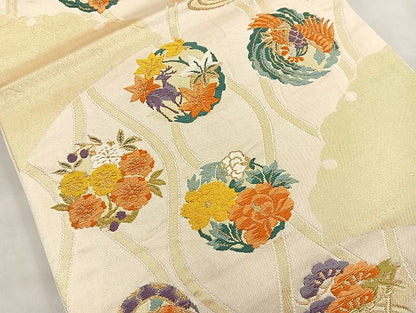 平和屋着物◎六通柄袋帯 唐織 立涌花丸文 金糸 正絹 逸品 BAAK8688cm