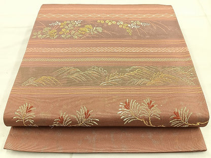 平和屋着物◎六通柄袋帯 唐織 横段秋草文 金糸 正絹 逸品 BAAK8709cm