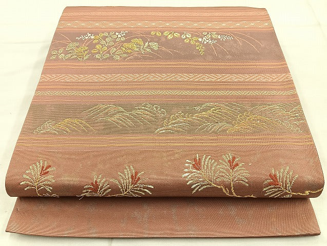 平和屋着物◎六通柄袋帯 唐織 横段秋草文 金糸 正絹 逸品 BAAK8709cm