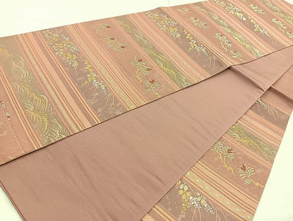 平和屋着物◎六通柄袋帯 唐織 横段秋草文 金糸 正絹 逸品 BAAK8709cm