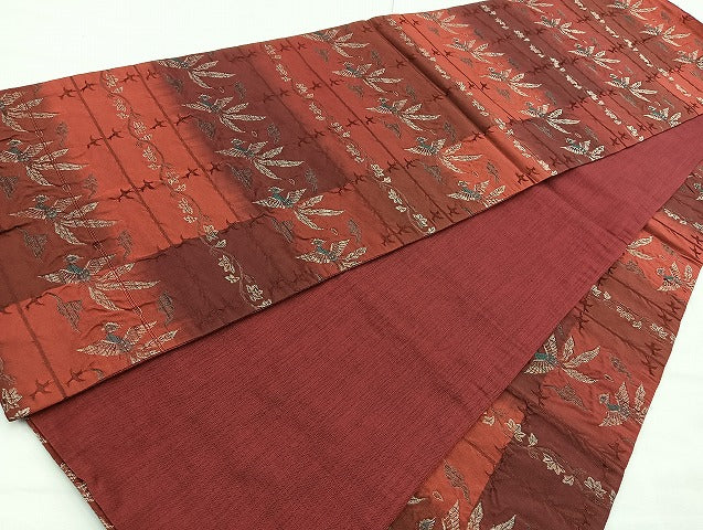 平和屋着物◎全通柄袋帯 しじら織 鳳凰花唐草文 金糸 正絹 逸品 BAAK8710cm