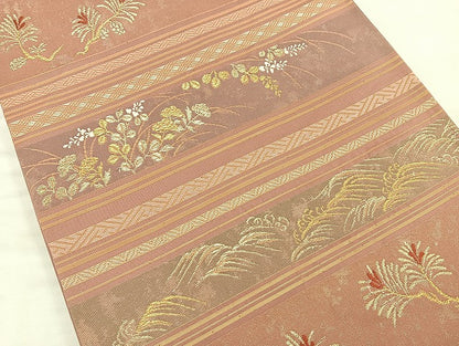 平和屋着物◎六通柄袋帯 唐織 横段秋草文 金糸 正絹 逸品 BAAK8709cm