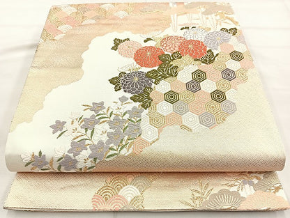 平和屋着物◎六通柄袋帯 唐織 道長吉祥花文 金糸 正絹 逸品 BAAK8737cm