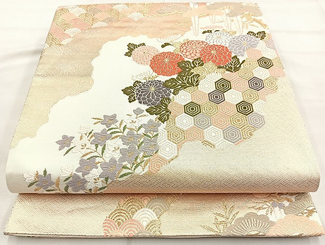 平和屋着物◎六通柄袋帯 唐織 道長吉祥花文 金糸 正絹 逸品 BAAK8737cm