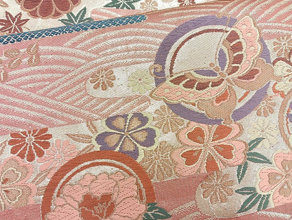 平和屋着物◎六通柄袋帯 唐織 エ霞花蝶文 金糸 正絹 逸品 BAAK8726cm