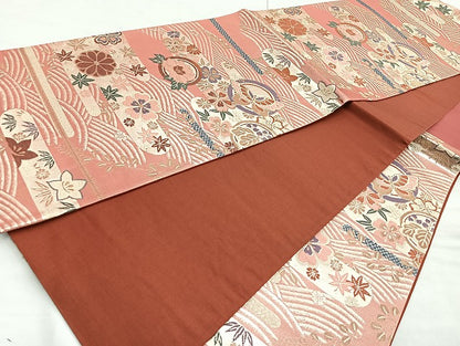 平和屋着物◎六通柄袋帯 唐織 エ霞花蝶文 金糸 正絹 逸品 BAAK8726cm