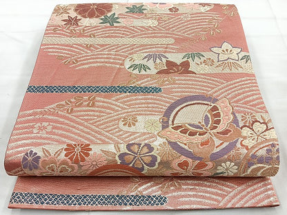 平和屋着物◎六通柄袋帯 唐織 エ霞花蝶文 金糸 正絹 逸品 BAAK8726cm