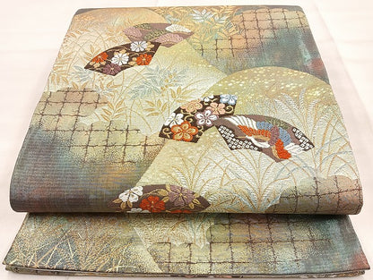 平和屋着物◎六通柄袋帯 唐織 遠山扇面紋 金糸 正絹 逸品 BAAK8759cm