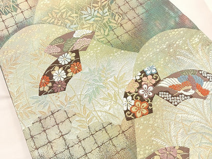 平和屋着物◎六通柄袋帯 唐織 遠山扇面紋 金糸 正絹 逸品 BAAK8759cm