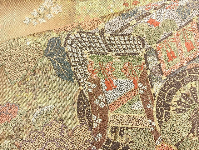 平和屋着物◎六通柄袋帯 唐織 御所車花文 金糸 正絹 逸品 BAAL0104cm