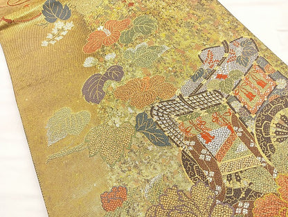 平和屋着物◎六通柄袋帯 唐織 御所車花文 金糸 正絹 逸品 BAAL0104cm