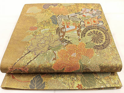 平和屋着物◎六通柄袋帯 唐織 御所車花文 金糸 正絹 逸品 BAAL0104cm