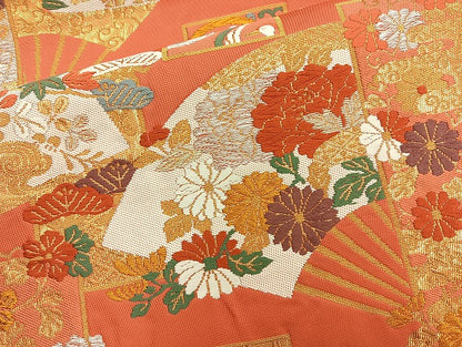 平和屋着物◎六通柄袋帯 唐織 扇面短冊草花文 金銀糸 正絹 逸品 BAAK8790cm