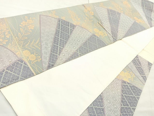 平和屋着物◎六通柄袋帯 唐織 檜扇吉祥秋草文 金糸 正絹 逸品 BAAK8796cm