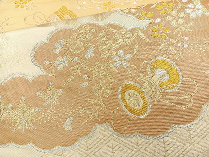 平和屋着物◎六通柄袋帯 雲取器物草花文 金銀糸 正絹 逸品 BAAL0110cm