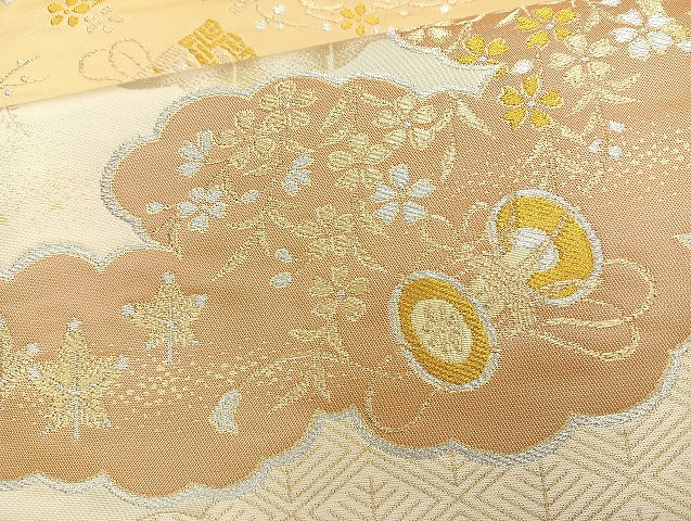 平和屋着物◎六通柄袋帯 雲取器物草花文 金銀糸 正絹 逸品 BAAL0110cm