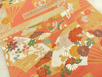 平和屋着物◎六通柄袋帯 唐織 扇面短冊草花文 金銀糸 正絹 逸品 BAAK8790cm