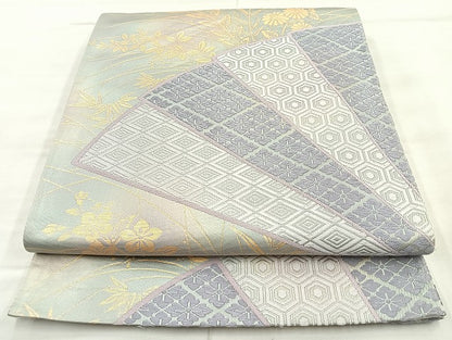 平和屋着物◎六通柄袋帯 唐織 檜扇吉祥秋草文 金糸 正絹 逸品 BAAK8796cm