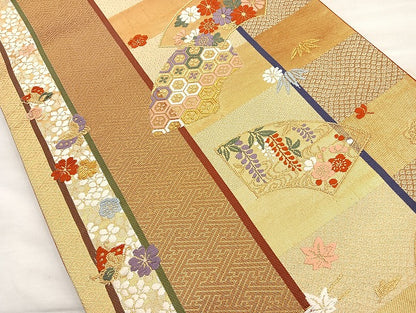平和屋着物◎六通柄袋帯 唐織 地紙花蝶文 金糸 正絹 逸品 BAAK8799cm