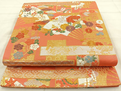 平和屋着物◎六通柄袋帯 唐織 扇面短冊草花文 金銀糸 正絹 逸品 BAAK8790cm