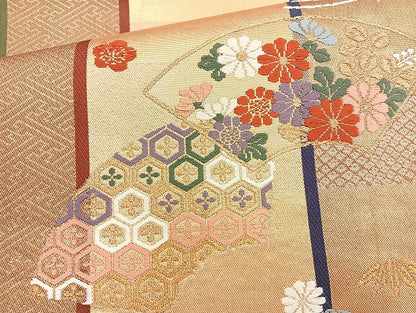 平和屋着物◎六通柄袋帯 唐織 地紙花蝶文 金糸 正絹 逸品 BAAK8799cm