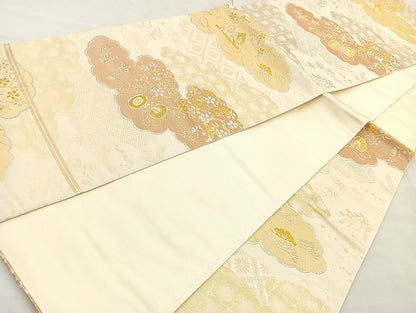 平和屋着物◎六通柄袋帯 雲取器物草花文 金銀糸 正絹 逸品 BAAL0110cm
