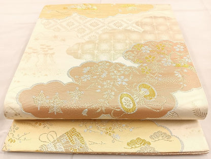 平和屋着物◎六通柄袋帯 雲取器物草花文 金銀糸 正絹 逸品 BAAL0110cm