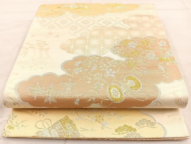 平和屋着物◎六通柄袋帯 雲取器物草花文 金銀糸 正絹 逸品 BAAL0110cm